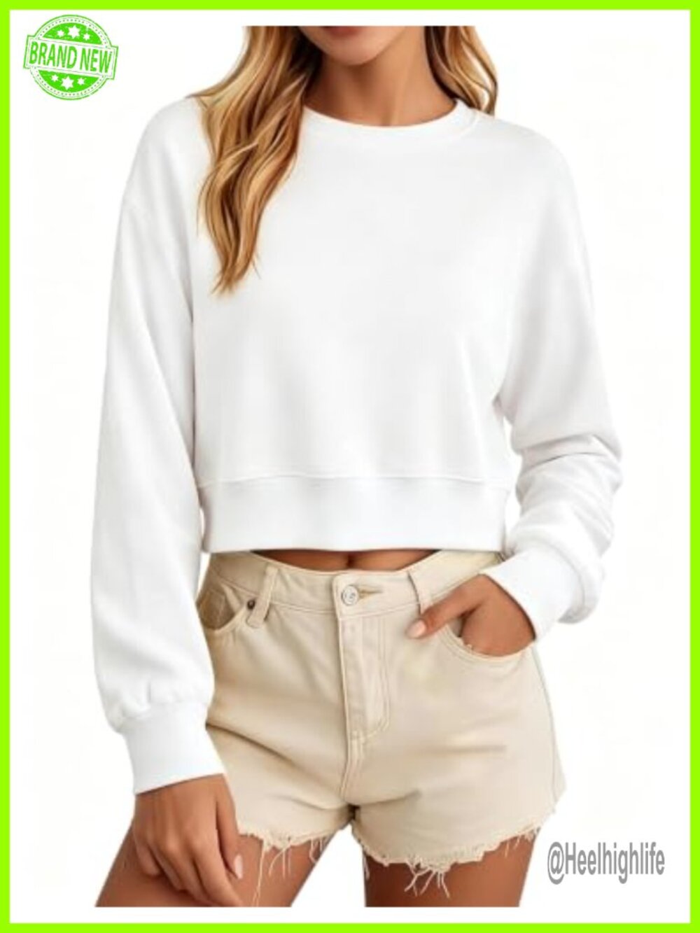 Womens Cropped Crewneck Sweatshirt Oversized Cotton Blend Pullover